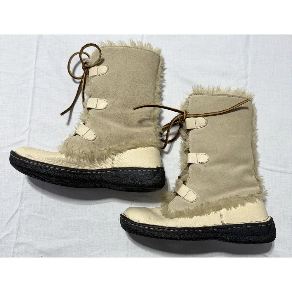 Cabela's Women's Mid Calf Winter Boots Size 6M Beige Leather Faux Fur Lined Lace